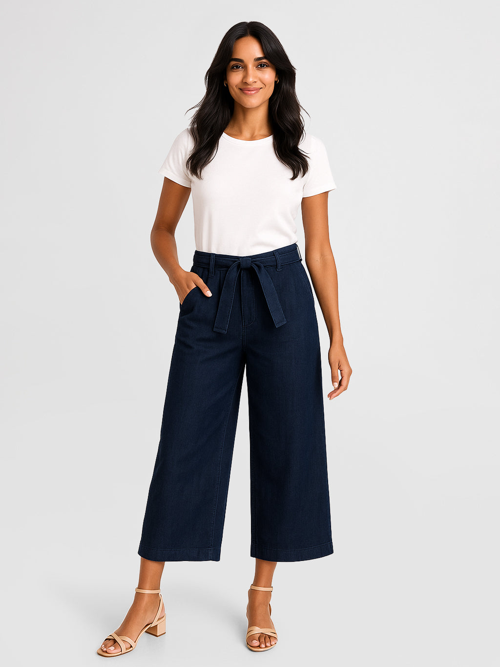 Lois Gaucho High-Waisted Wide Leg Cropped Pants in dark denim with belt detail styled with white short sleeve top.