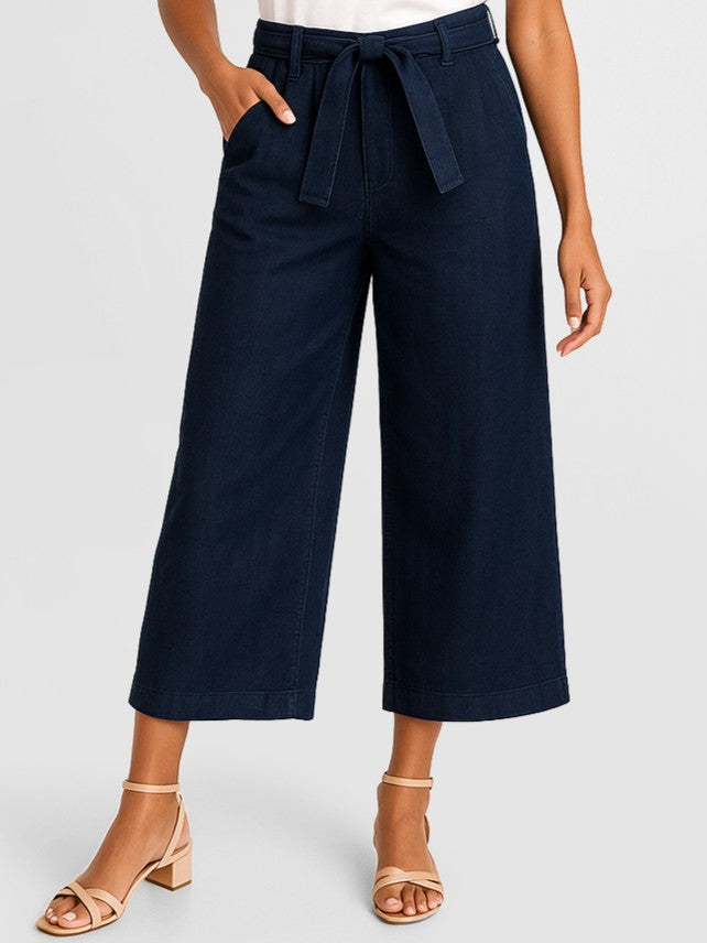 Lois Gaucho High-Waisted Wide Leg Cropped Pants in dark denim with a tie belt and side pockets