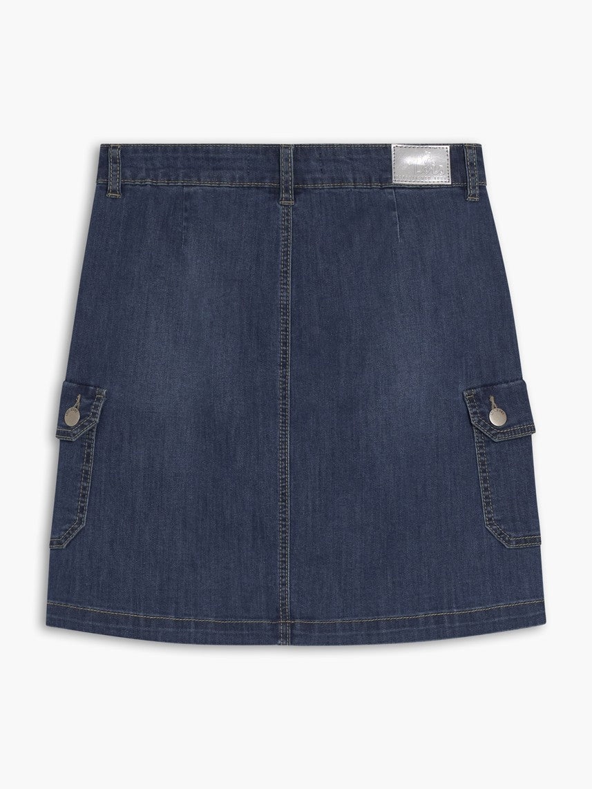 Lois Simone Cargo 17.5" Denim Skirt in dark blue with cargo pockets and silver button details.
