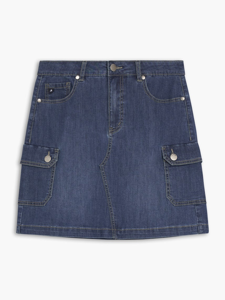 Lois Simone Cargo 17.5" Denim Skirt in dark blue with front pockets and metal button details by Lois
