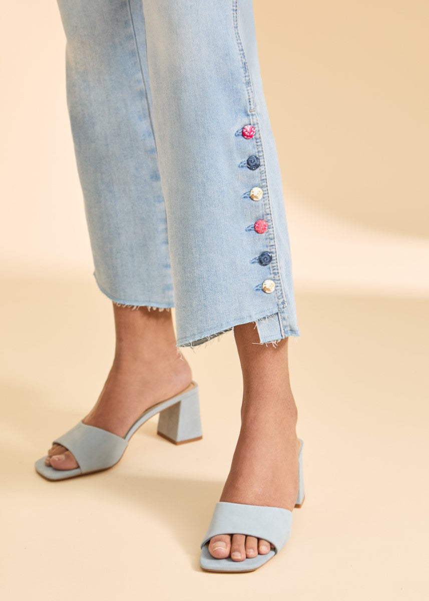 Light wash FDJ Statement 26” Denim Pant with decorative buttons and frayed hem by French Dressing