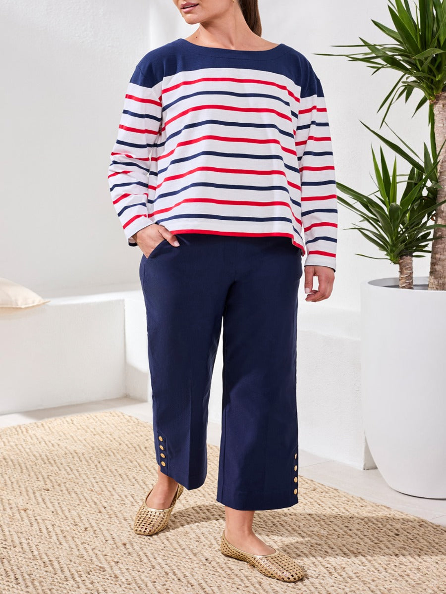 Tribal Playful Striped Boat Neck Top by Tribal Sportswear Inc. with red, white, and blue stripes and long sleeves