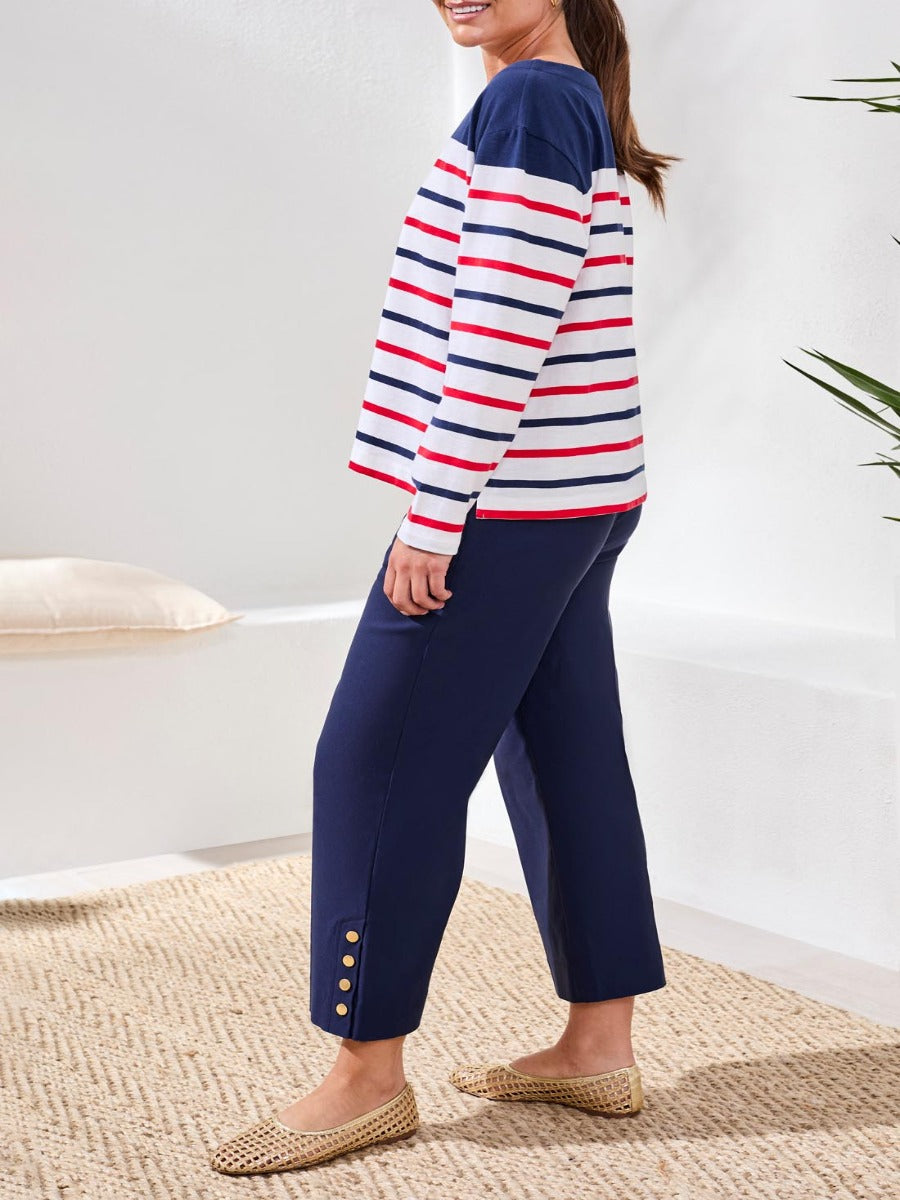 Tribal Playful Striped Boat Neck Top by Tribal Sportswear Inc. in red, white, and navy striped design.