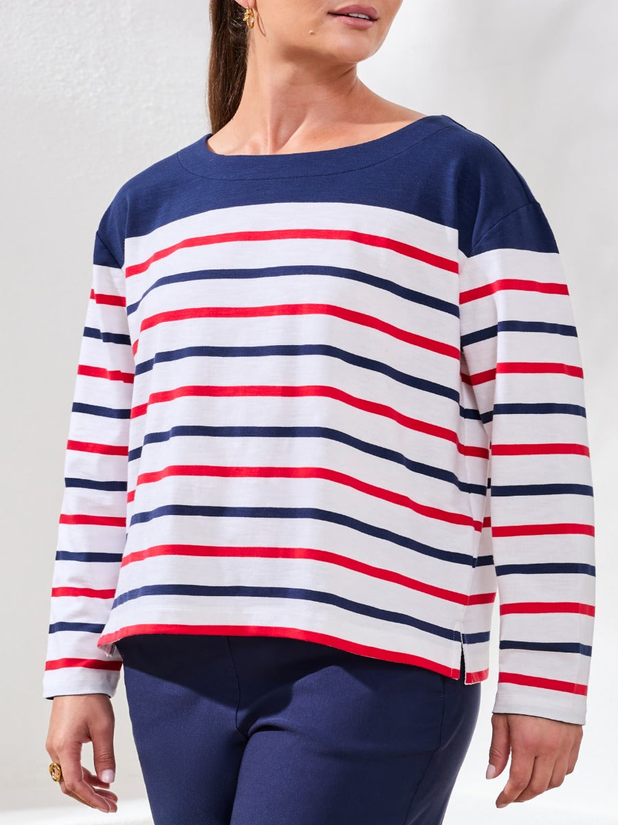 Tribal Playful Striped Boat Neck Top by Tribal Sportswear Inc. in red, navy, and white striped sweater top.