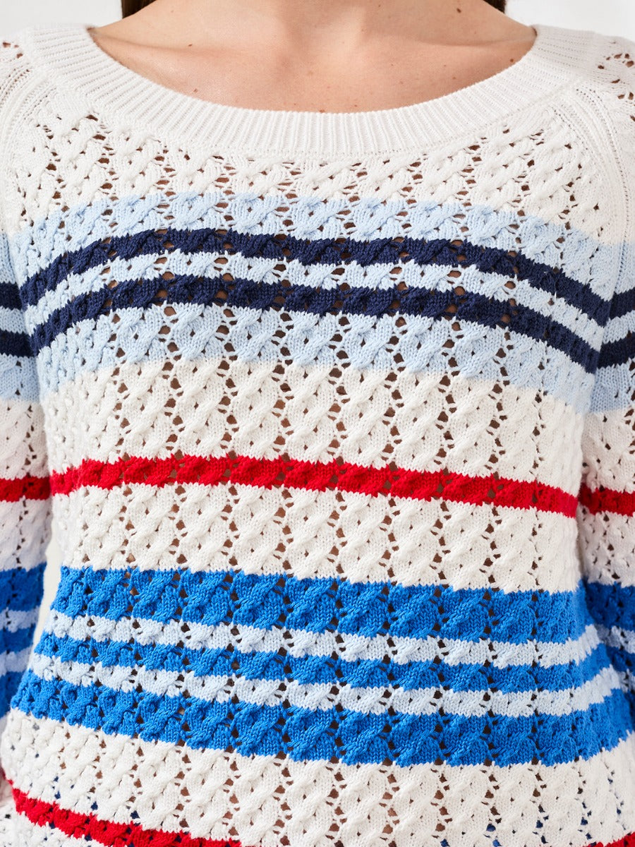 Close-up of a colorful cotton knit sweater with playful stripes by Tribal Sportswear Inc., Tribal Playful Striped Cable Cotton Crew Sweater
