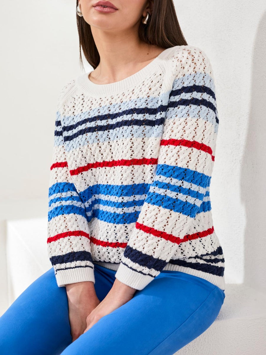 Tribal Playful Striped Cable Cotton Crew Sweater by Tribal Sportswear Inc., featuring colorful striped knit design and cozy cotton fabric.
