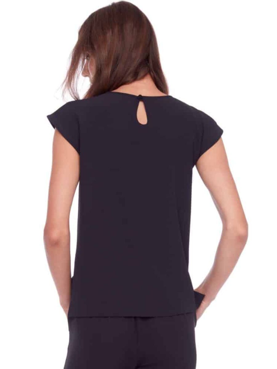 Black short-sleeve top with a small back keyhole detail on a plain white background