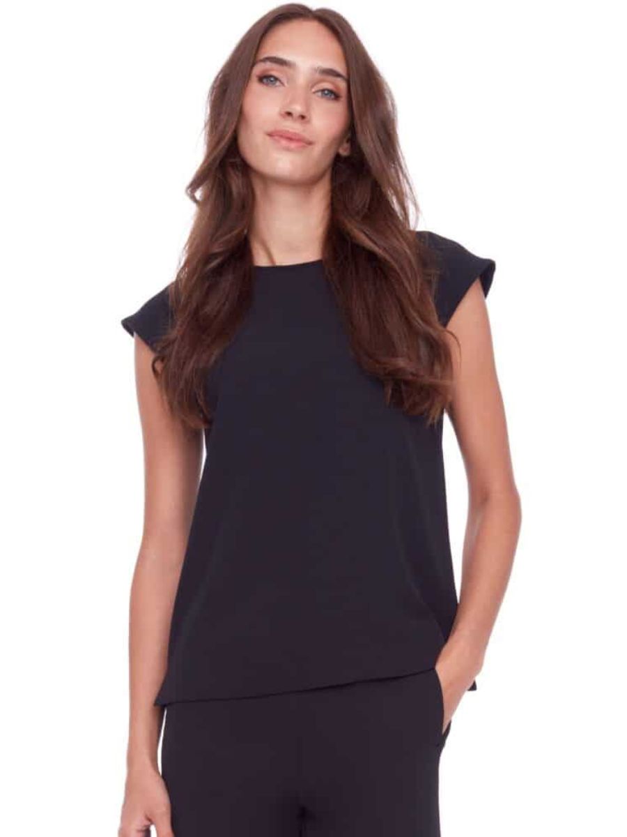 UP Penny Vegan Silk Slit Top in black by Up, elegant vegan silk with a subtle slit detail, paired with matching black bottoms