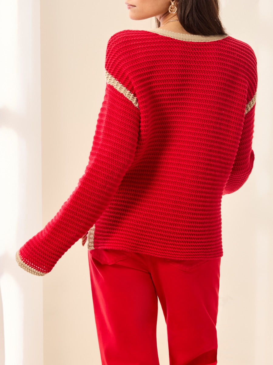 Back view of a red Tribal Playful Piping Collar Cotton Sweater by Tribal Sportswear Inc. with beige trim accents.