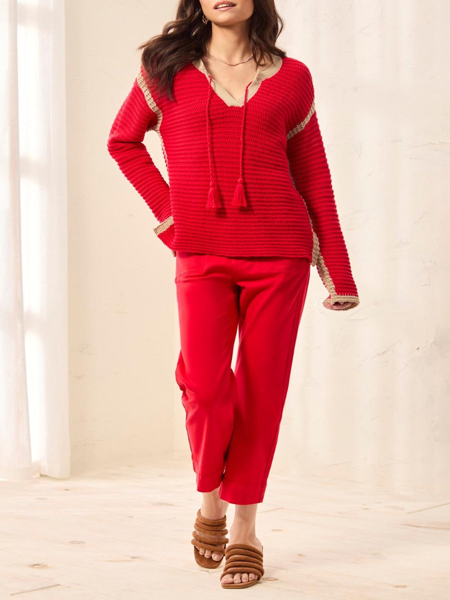 Red knitted Tribal Playful Piping Collar Cotton Sweater from Tribal Sportswear Inc. styled with red pants and sandals