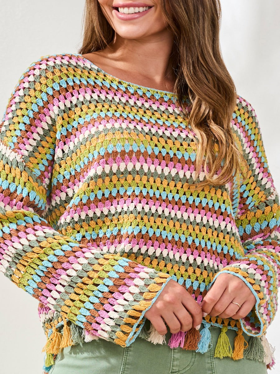 Tribal Boho 2 Bloom Crochet Cotton Cover-Up Sweater by Tribal Sportswear Inc. in multicolor cotton knit sweater