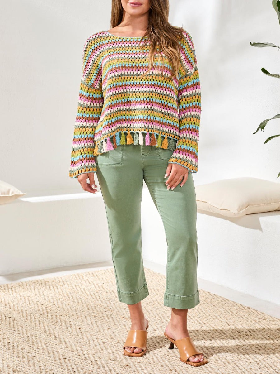 Tribal Boho 2 Bloom Crochet Cotton Cover-Up Sweater by Tribal Sportswear Inc. colorful crochet sweater with tassels