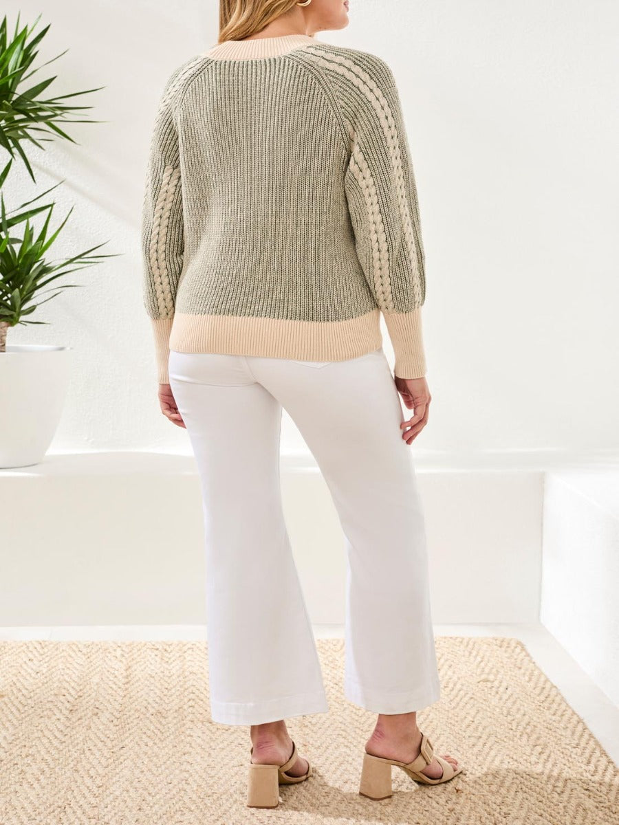 Back view of Tribal Boho Bloom Cotton Wash V-Neck Cardigan by Tribal Sportswear Inc. in soft green knit sweater style