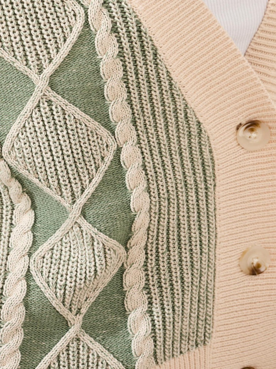 Close-up of textured knit detail and buttons on Tribal Boho Bloom Cotton Wash V-Neck Cardigan by Tribal Sportswear Inc.
