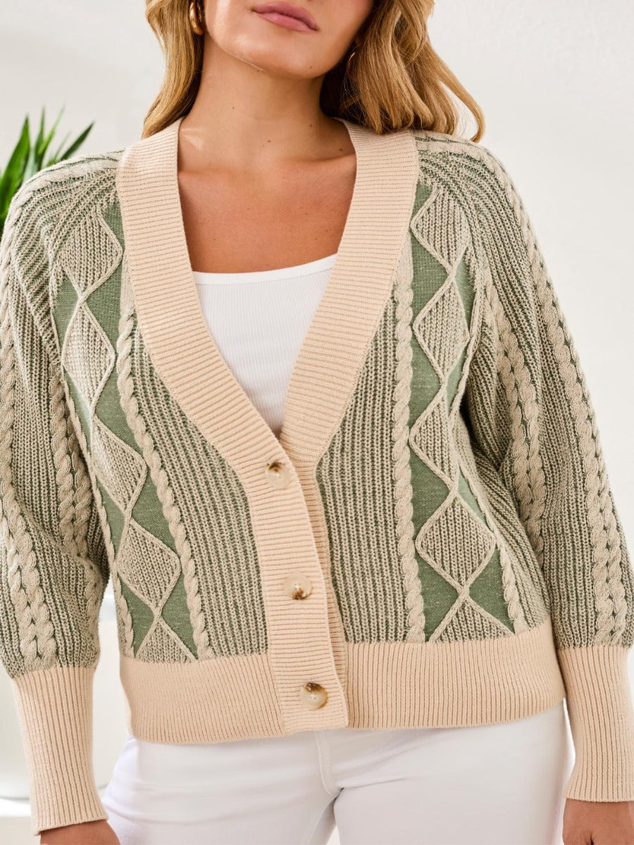 Tribal Boho Bloom Cotton Wash V-Neck Cardigan by Tribal Sportswear Inc., green and beige knit sweater jacket