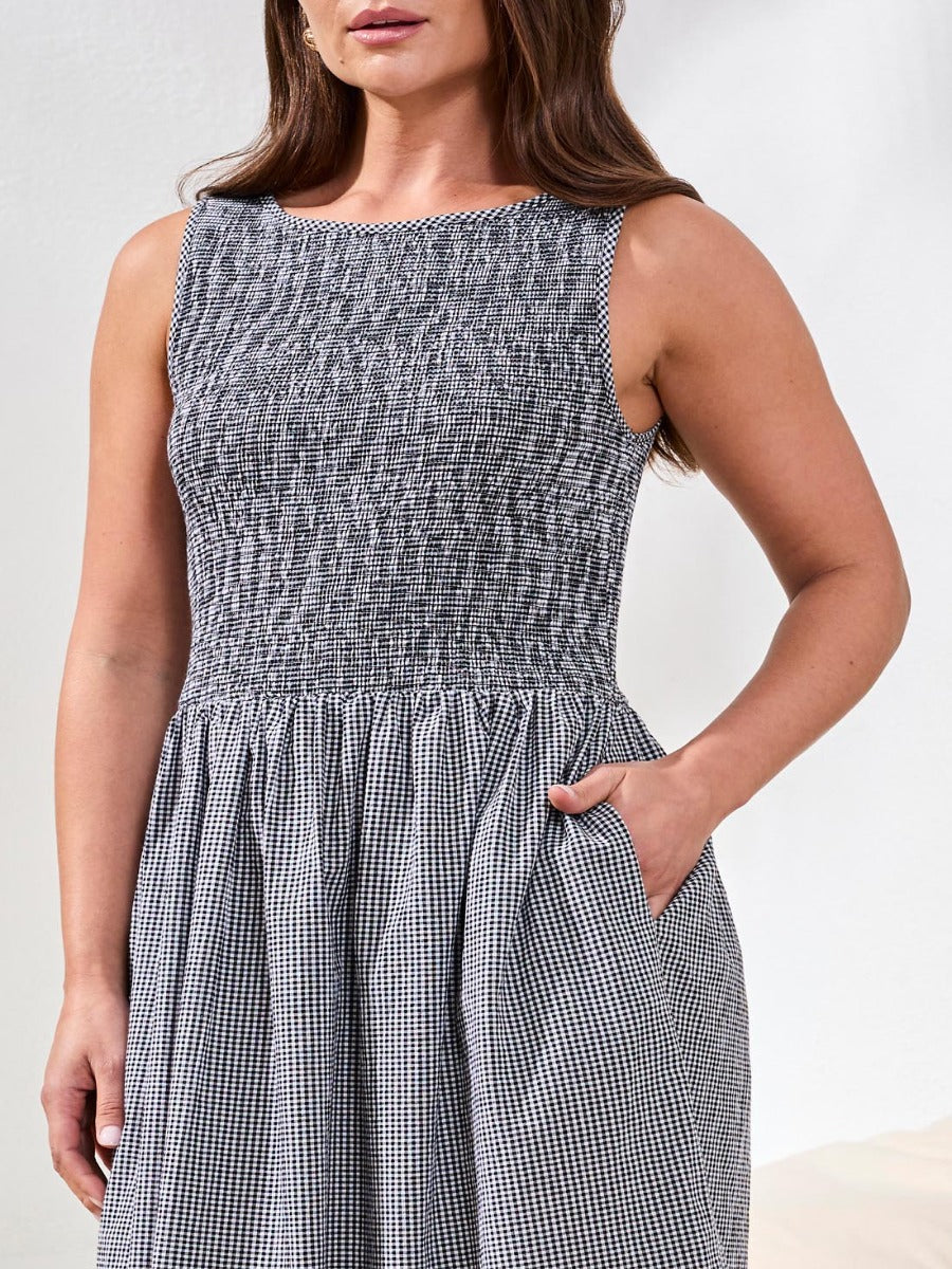 Tribal Prep N Petals Gingham Midi Dress in black and white gingham fabric by Tribal Sportswear Inc. with smocked bodice and pockets