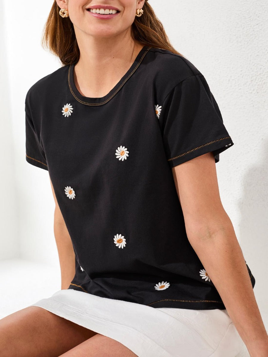 Tribal Prep N Petals Embroidered Flower Tee by Tribal Sportswear Inc., black with white floral embroidery and contrast stitching