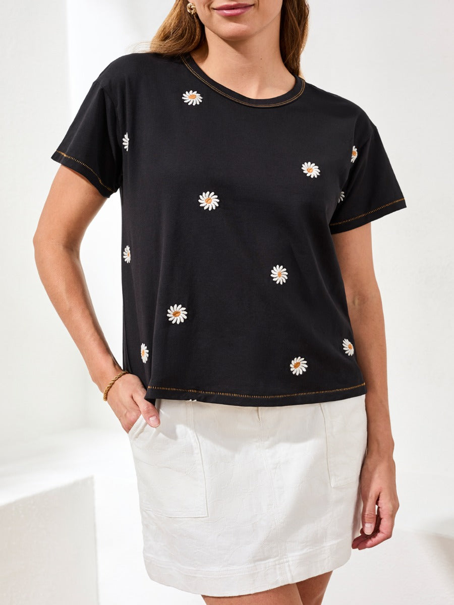 Tribal Prep N Petals Embroidered Flower Tee by Tribal Sportswear Inc., black top with small white daisy embroidery and contrast stitching