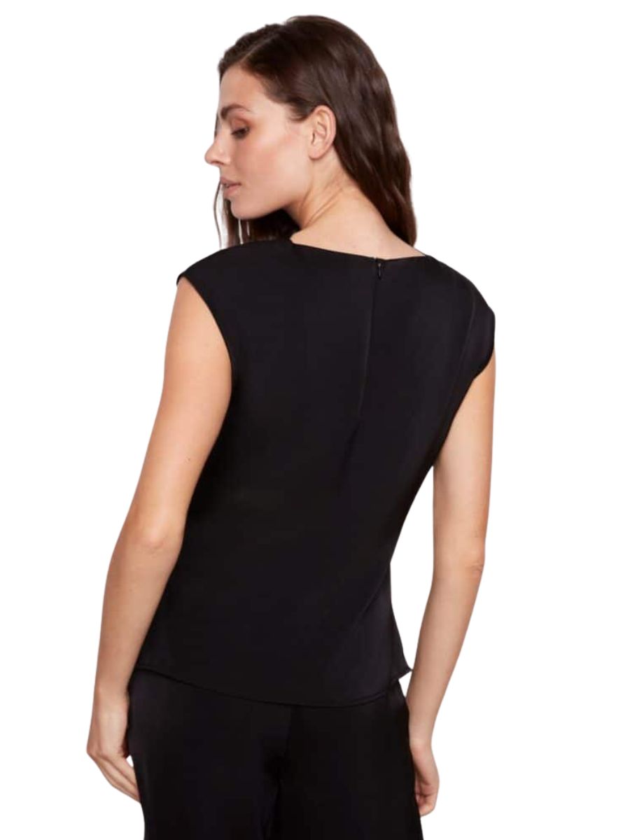 Back view of UP Brooke Belize Ruched Top in black by Up, featuring a sleeveless design and zipper detail.