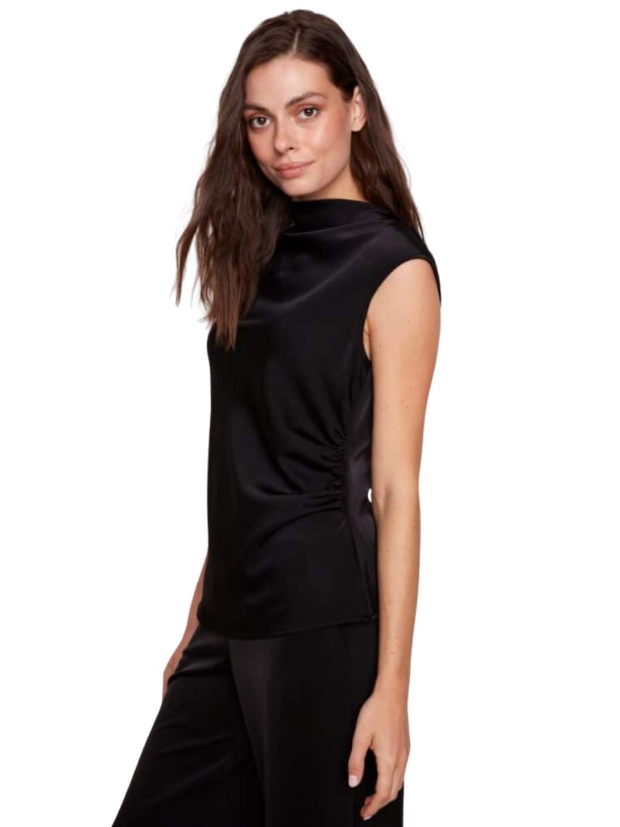 Black sleeveless satin top with high neckline and subtle side ruching paired with black pants.