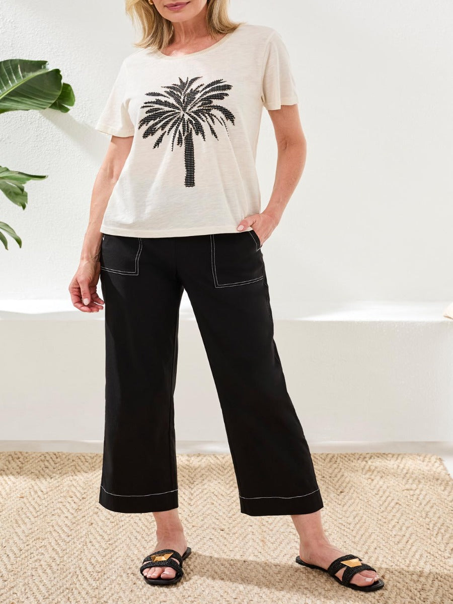 Tribal Fleur Desert Embroidered Palm Tee by Tribal Sportswear Inc., beige embroidered palm print top, casual style.