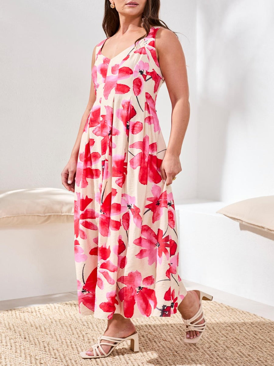 Tribal Brazilian Breeze Sleeveless Smocked-Back Dress by Tribal Sportswear Inc. in floral off-white and red pattern