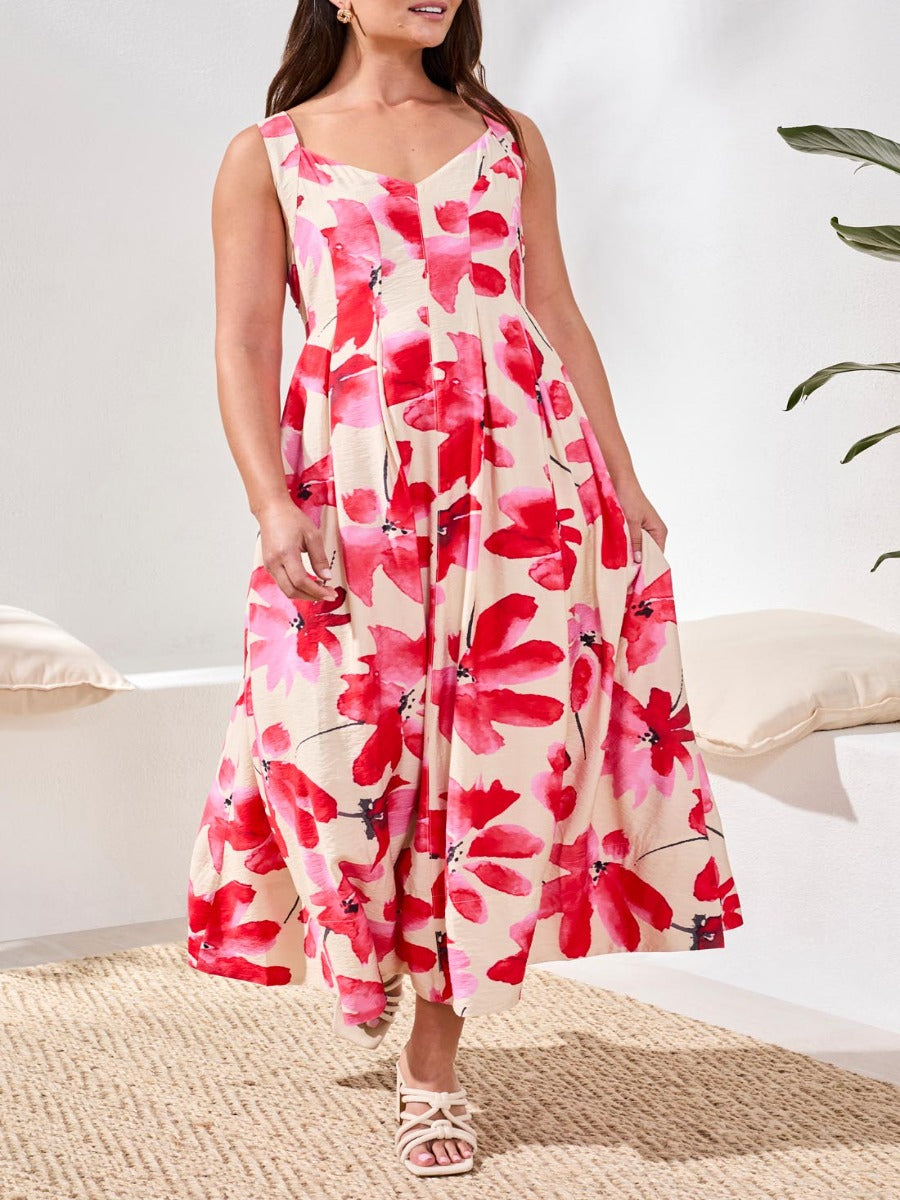 Tribal Brazilian Breeze Sleeveless Smocked-Back Dress with red floral print by Tribal Sportswear Inc. in off-white fabric