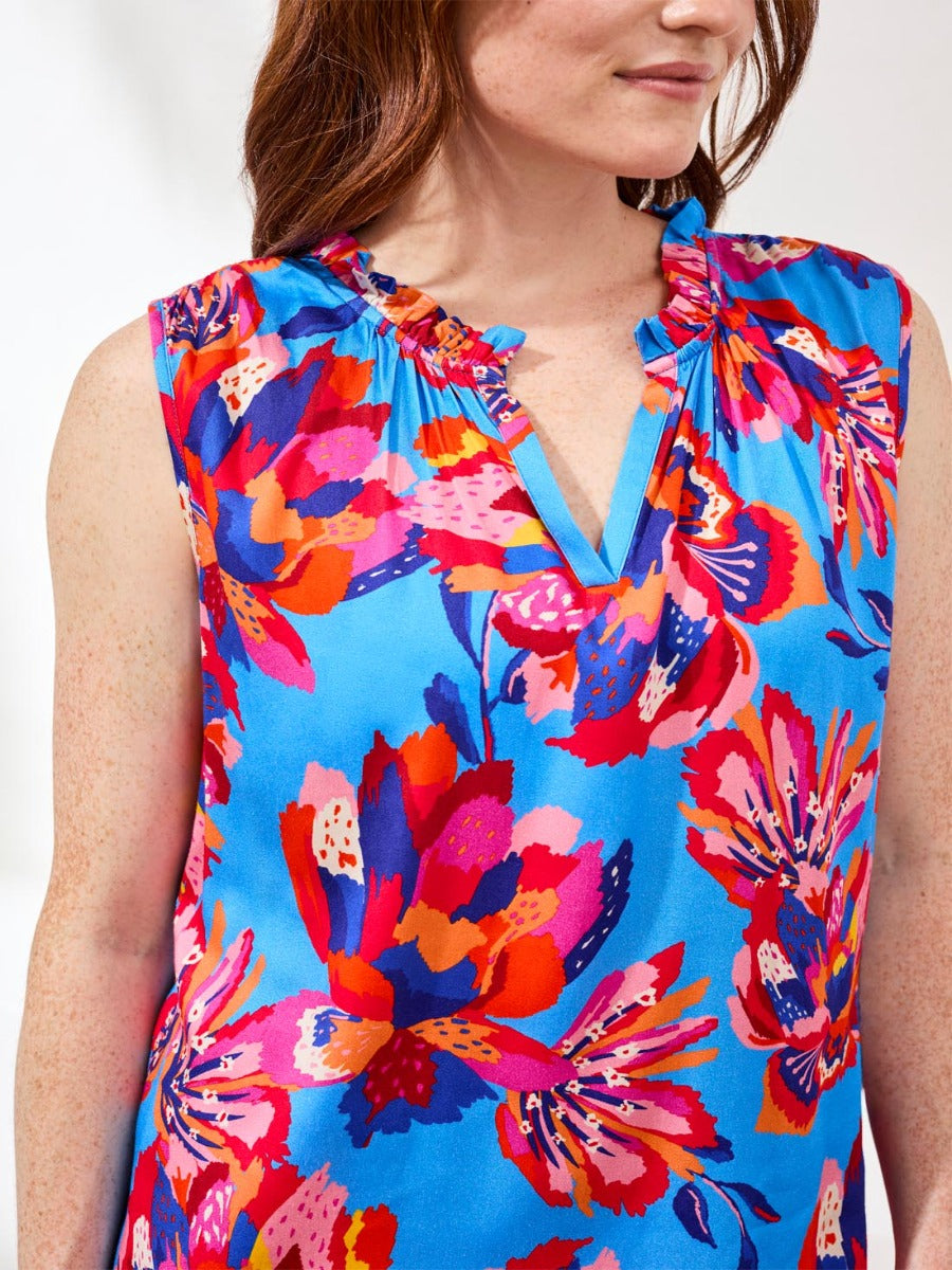 Tribal Brazilian Breeze Printed Ruffle Collar Sleeveless Top by Tribal Sportswear Inc. in bright floral print blue color