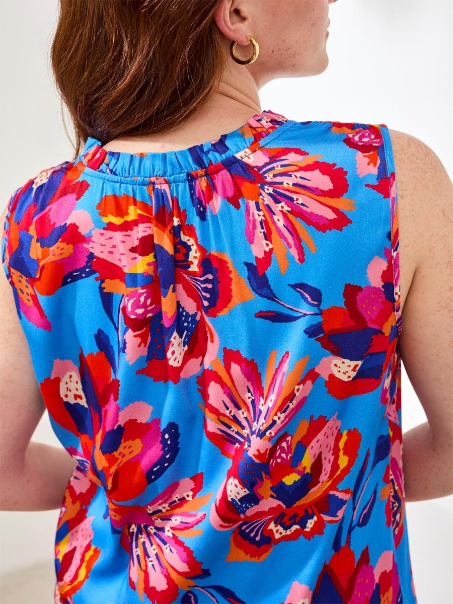 Tribal Brazilian Breeze Printed Ruffle Collar Sleeveless Top in vibrant blue floral print by Tribal Sportswear Inc.