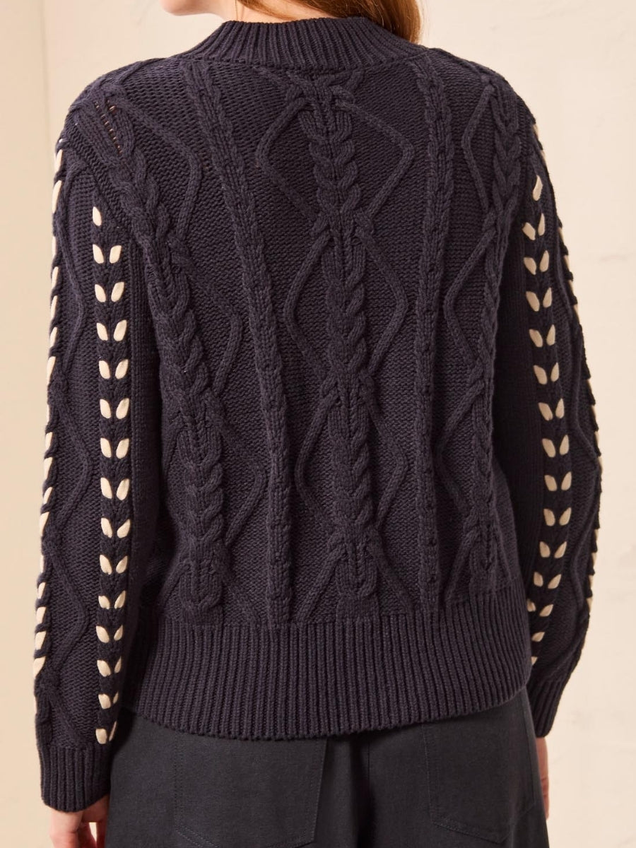 Dark navy blue knitted sweater with braided cable patterns and open stitch detailing along the sleeves.