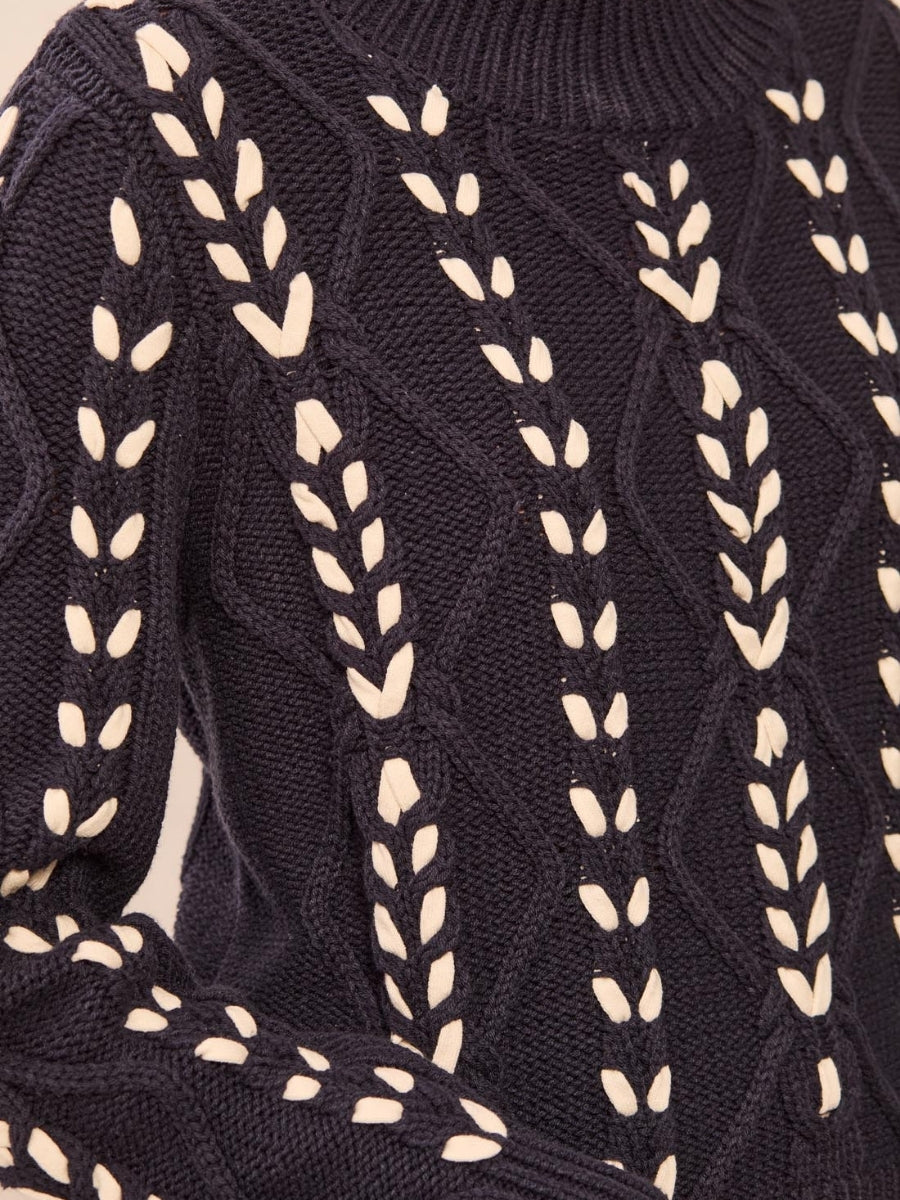 Close-up of a navy blue knitted sweater with a textured pattern featuring raised vertical rows and diamond shapes.
