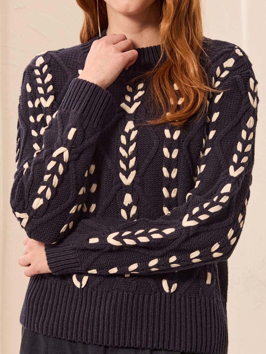 Tribal Mock Neck Cotton Long Sleeve Sweater in navy with cream accents by Tribal Sportswear Inc., a textured knit sweater.