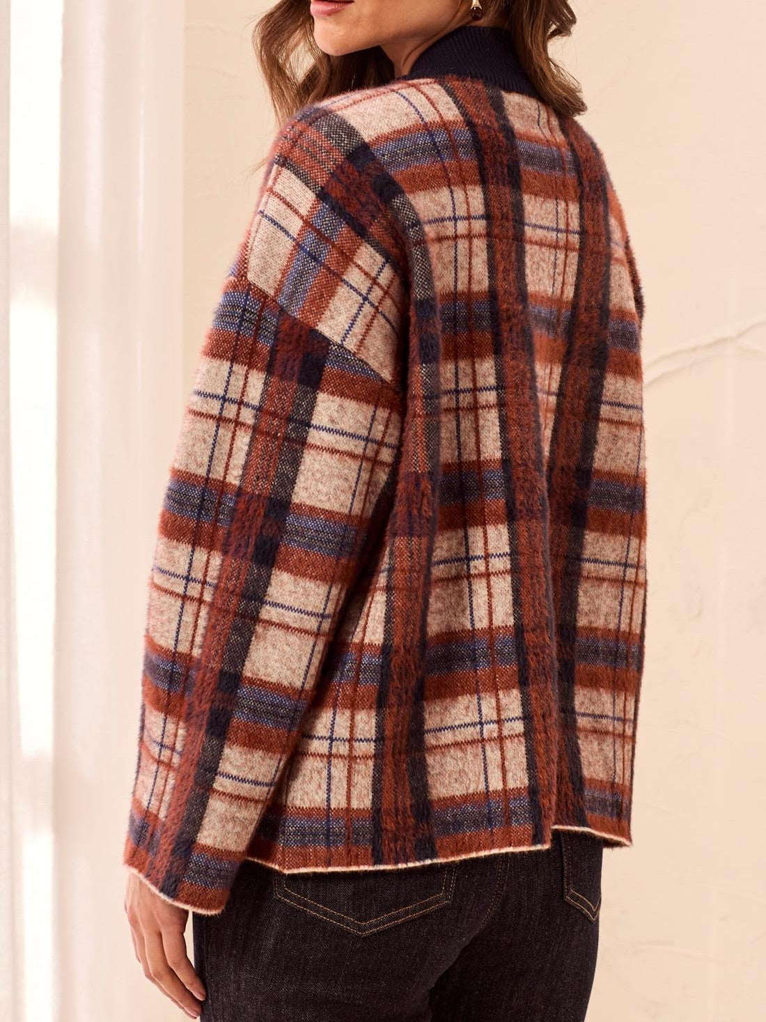 Tribal Soho Good Plaid Mock Neck Cardigan