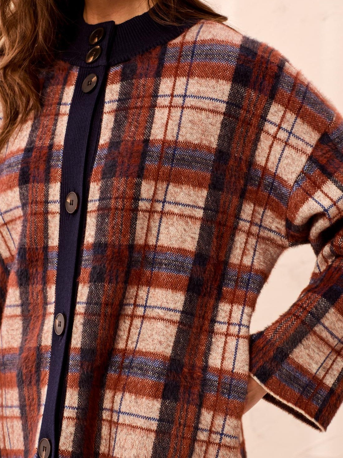 Tribal Soho Good Plaid Mock Neck Cardigan