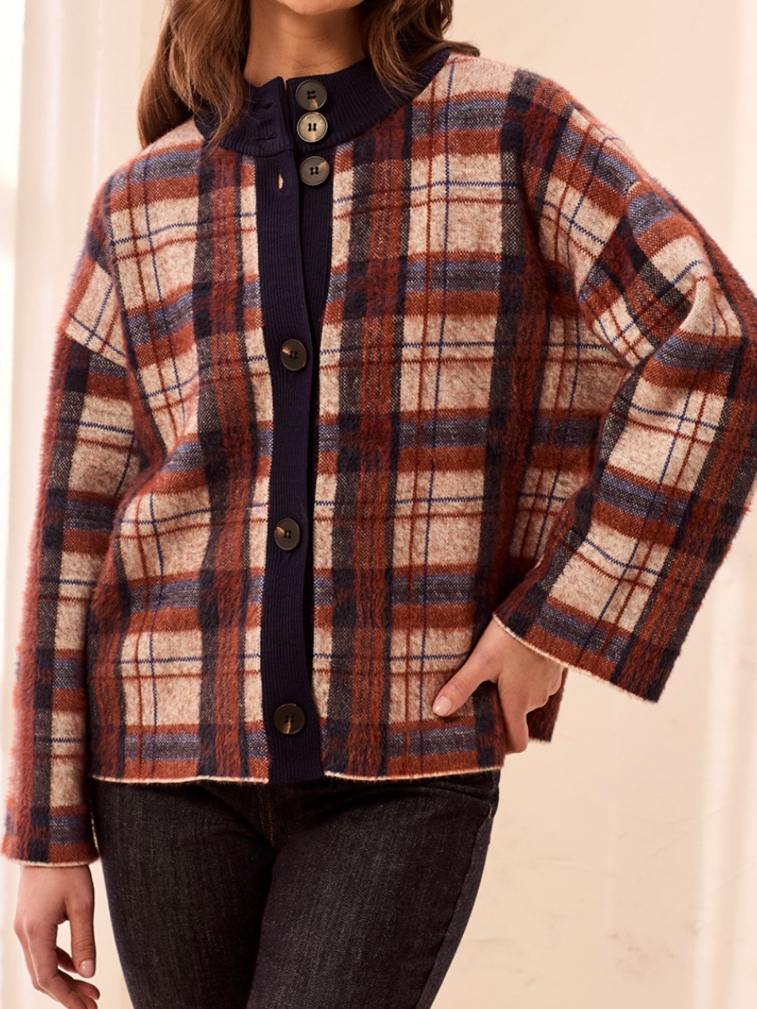 Tribal Soho Good Plaid Mock Neck Cardigan
