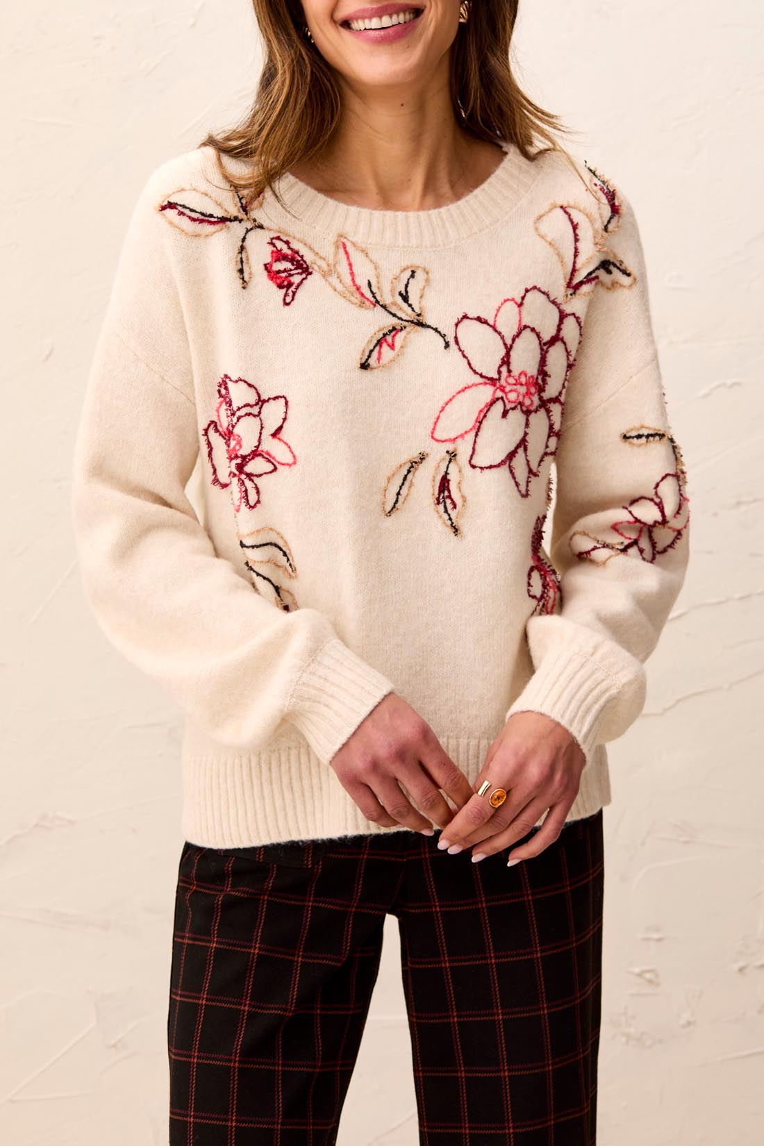 Tribal Soho Good Embroidered Flower Crew Neck Sweater