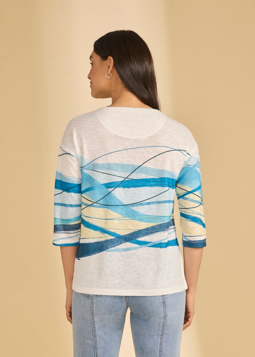 Back view of FDJ Ocean Breeze ¾ Sleeve Top by French Dressing with wavy blue and yellow pattern on sleeves and back