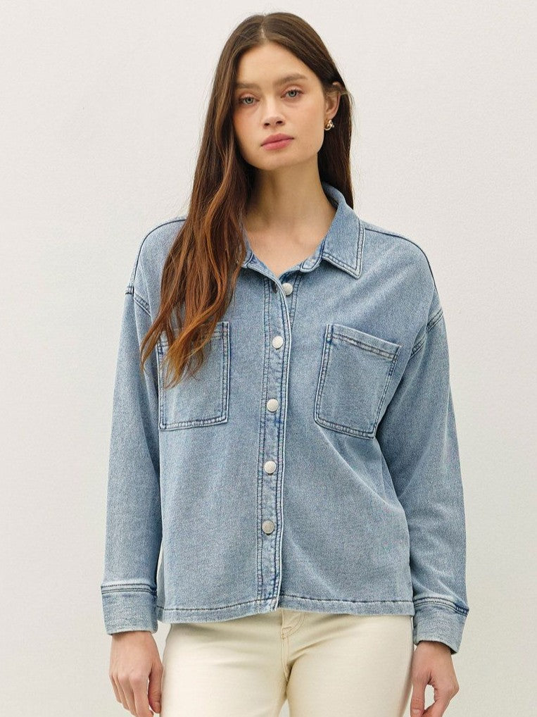 Light blue denim outerwear top with front pockets, featuring Be Cool ZS Terry Lightweight Denim Jacket styling.