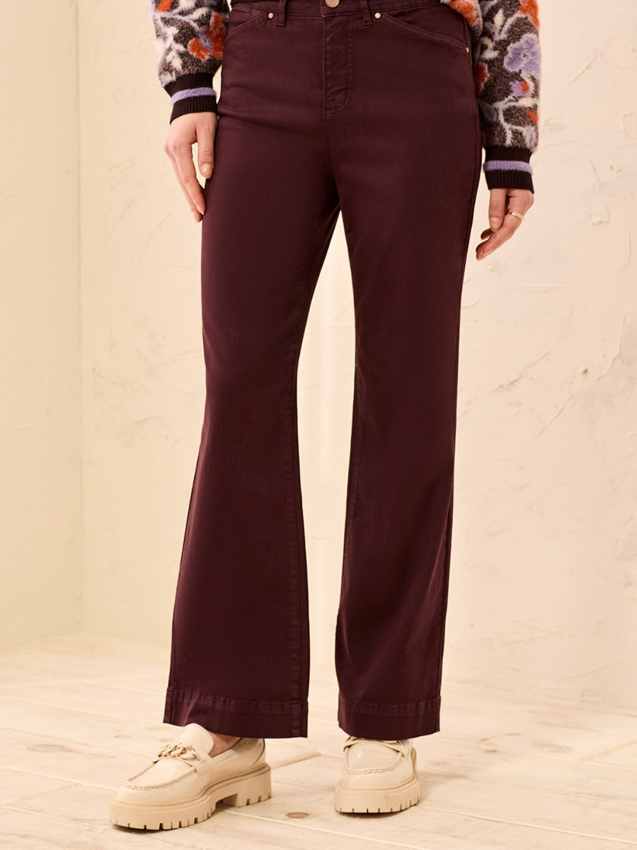 Tribal It's Kinda The One 5-Pocket Pant in dark brown by Tribal Sportswear Inc., styled with casual footwear and sweater.