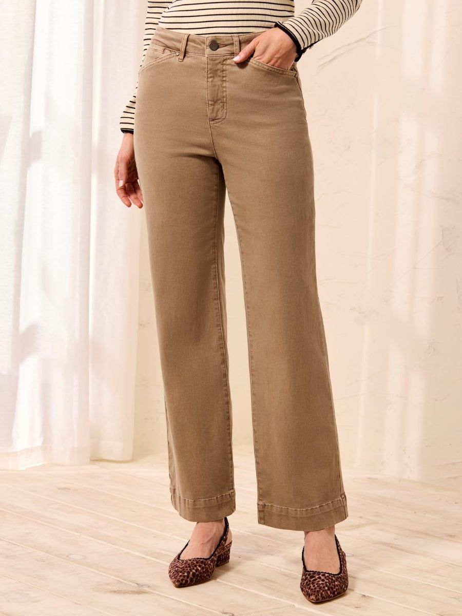 Light brown wide-leg casual pants styled with flat shoes, Tribal It's Kinda The One 5-Pocket Pant by Tribal Sportswear Inc.