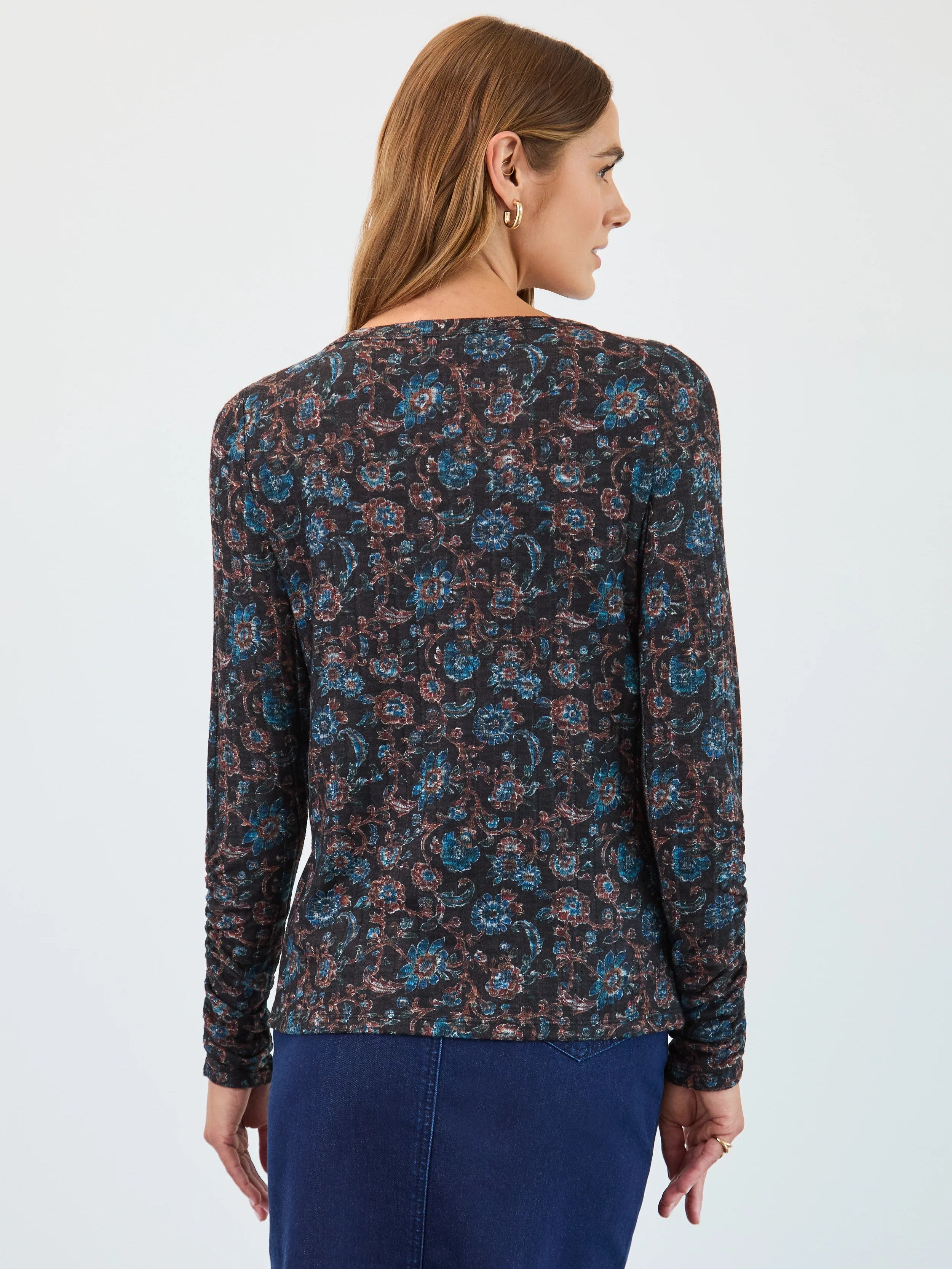 FDJ Floral V-Neck Long Sleeve Top by French Dressing with blue and brown floral pattern, paired with denim skirt back view.