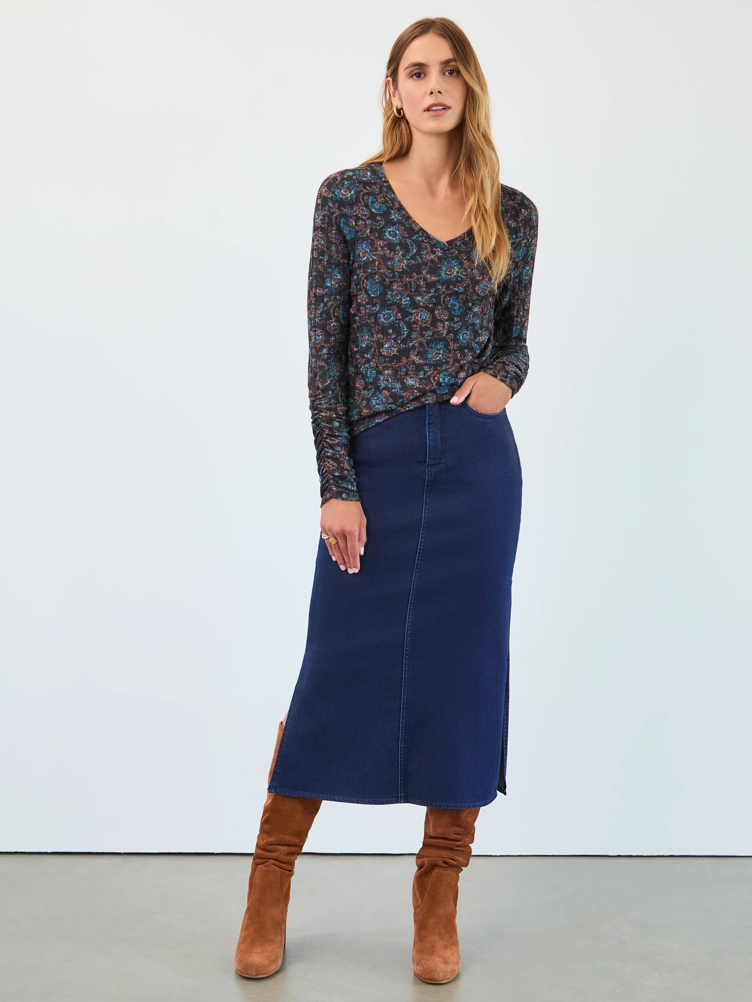 FDJ Floral V-Neck Long Sleeve Top by French Dressing with dark floral pattern paired with denim skirt and brown boots