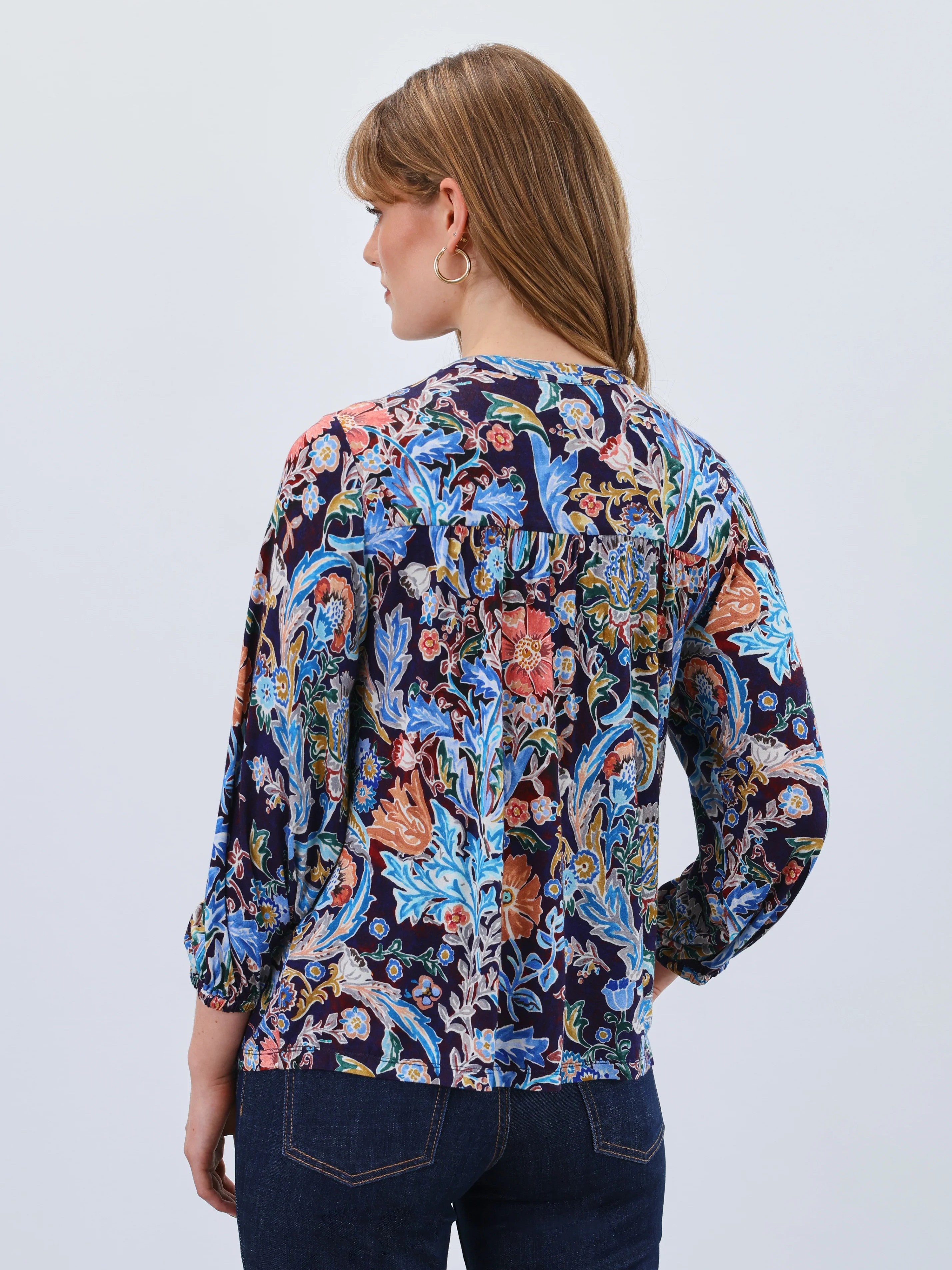FDJ 3/4 Sleeve Embroidered Neck Top