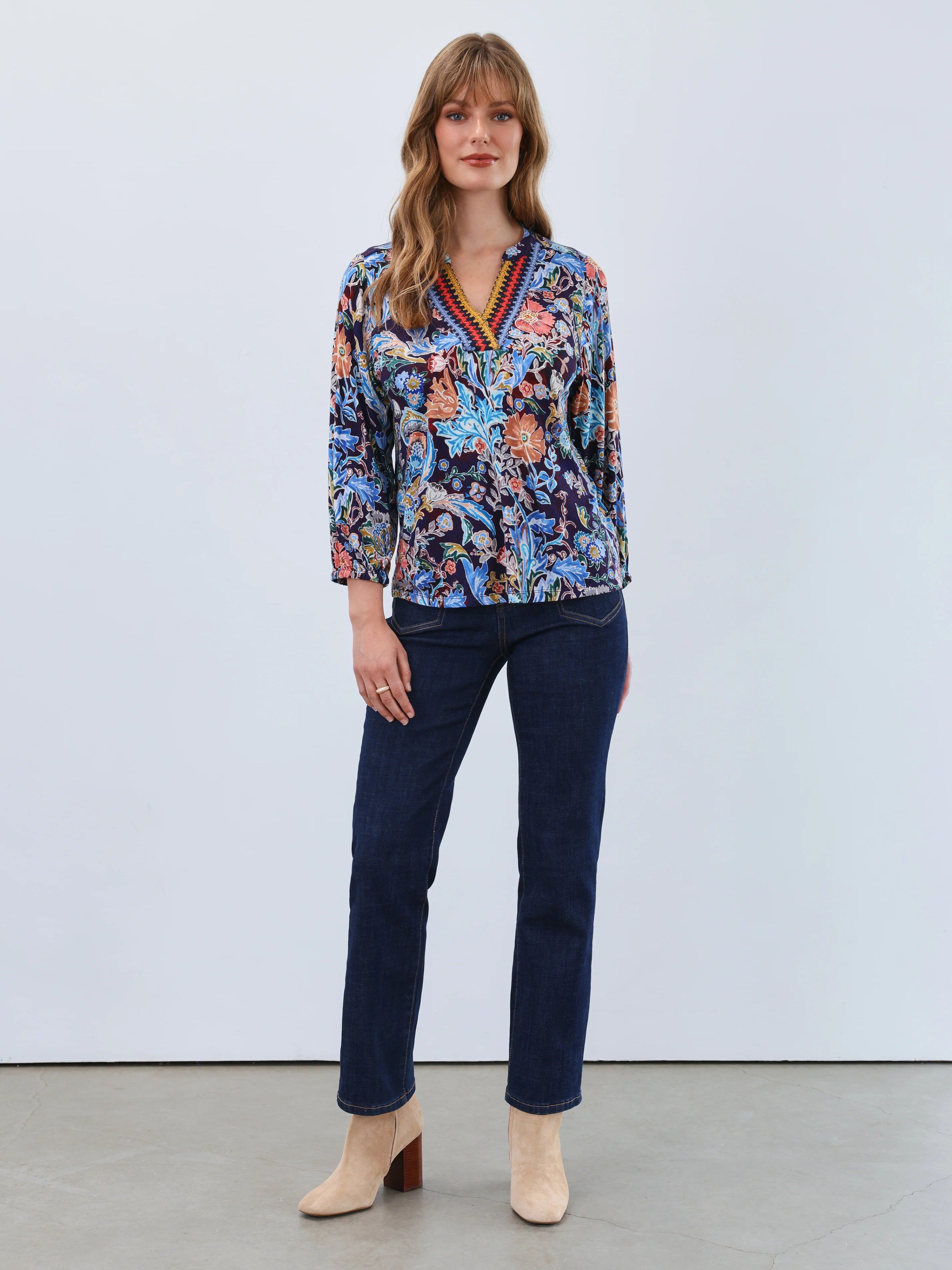 FDJ 3/4 Sleeve Embroidered Neck Top