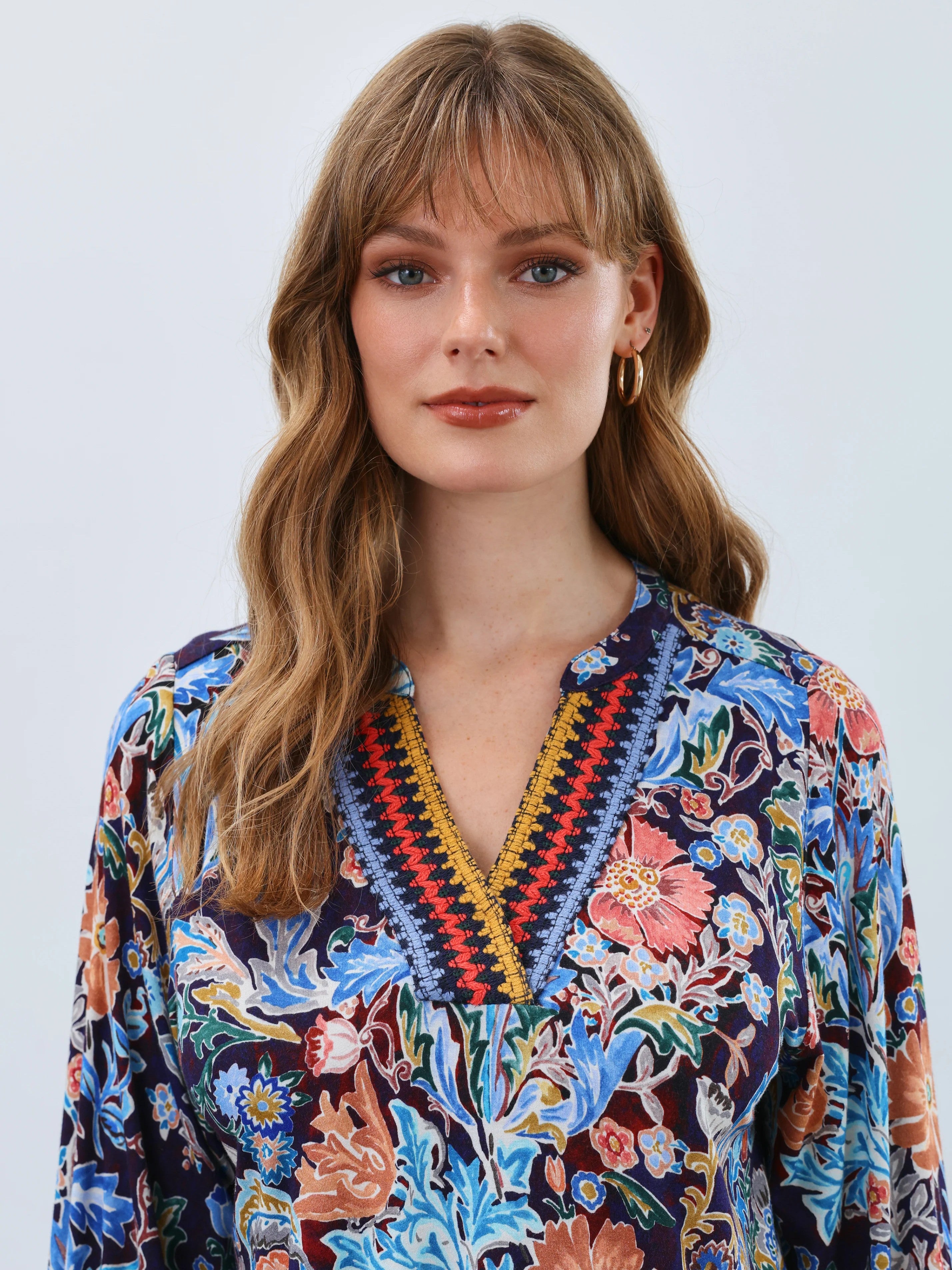 FDJ 3/4 Sleeve Embroidered Neck Top