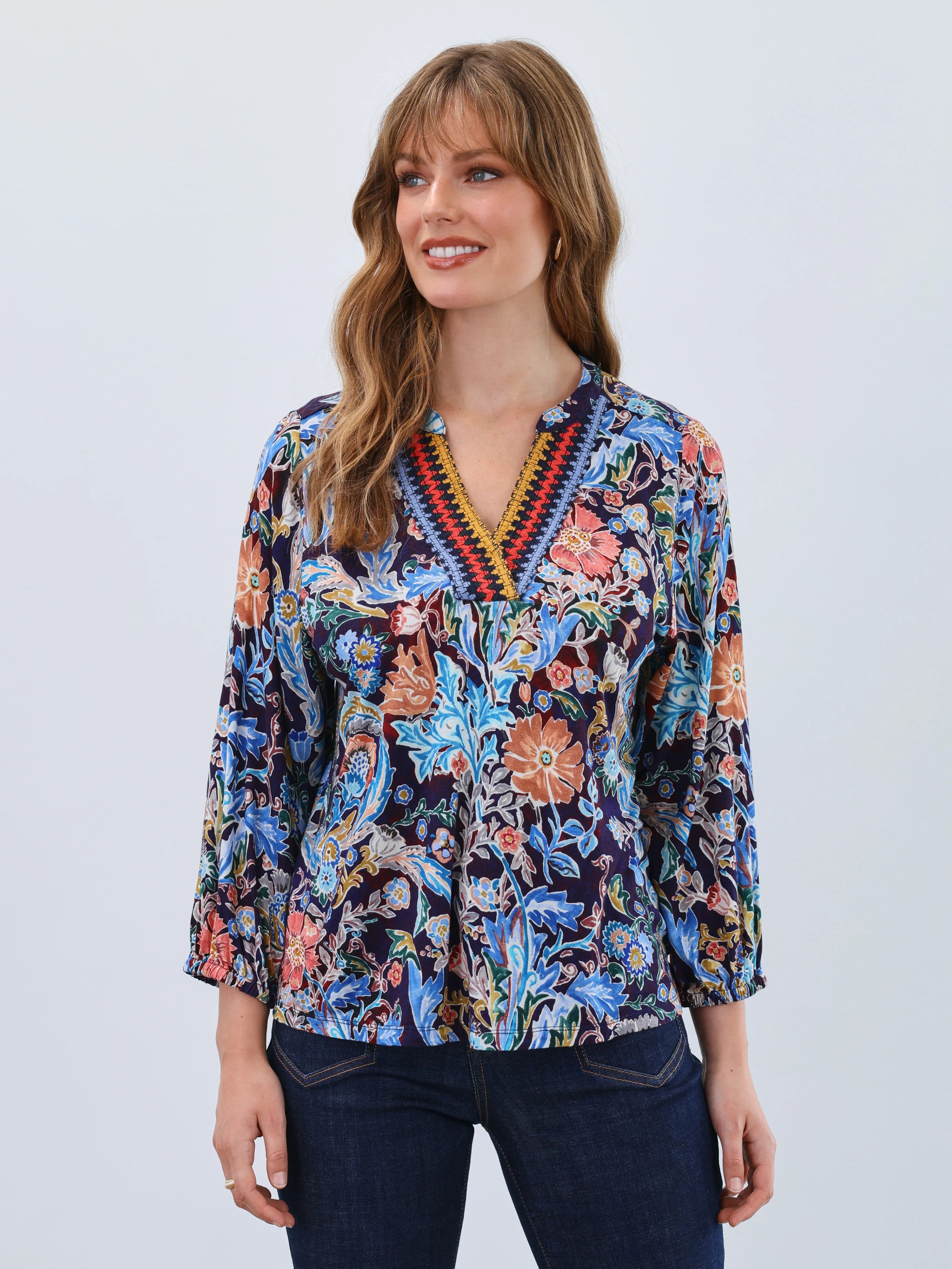 FDJ 3/4 Sleeve Embroidered Neck Top