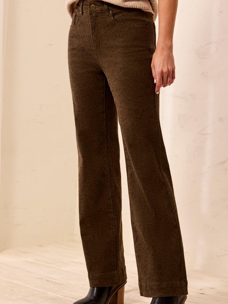 Olive green textured straight-leg pants with front pockets and a button closure paired with heeled black boots.