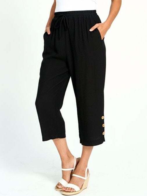 Black Button Hem Linen Look Pull-On Pant by Red Coral with side button detail and cropped length styling.