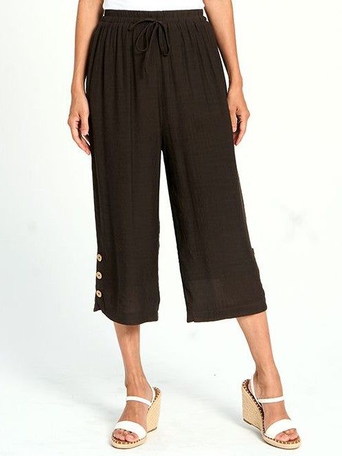 Dark espresso Button Hem Linen Look Pull-On Pant by Red Coral with cropped wide legs and button details near hem