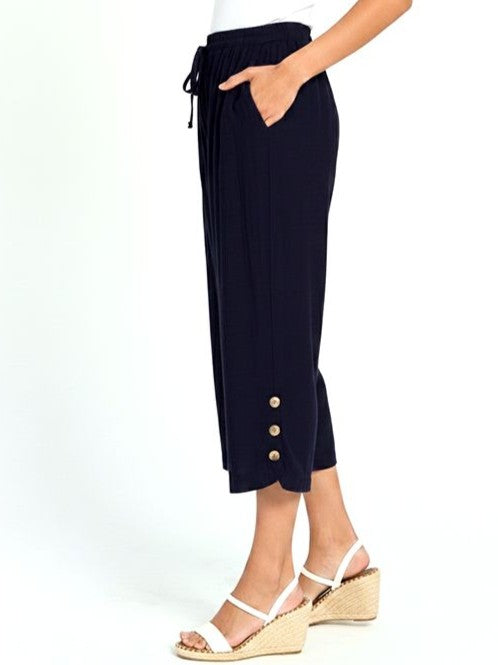 Navy Button Hem Linen Look Pull-On Pant by Red Coral with side pockets and button detail near hem